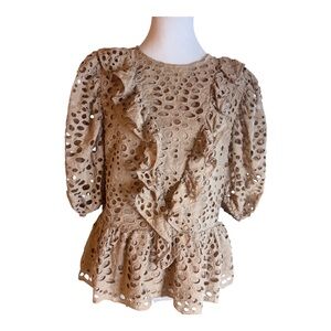 Eyelet Cotton Puff Sleeve Blouse Ruffle Front Peplum Feminine Coquette Tan M